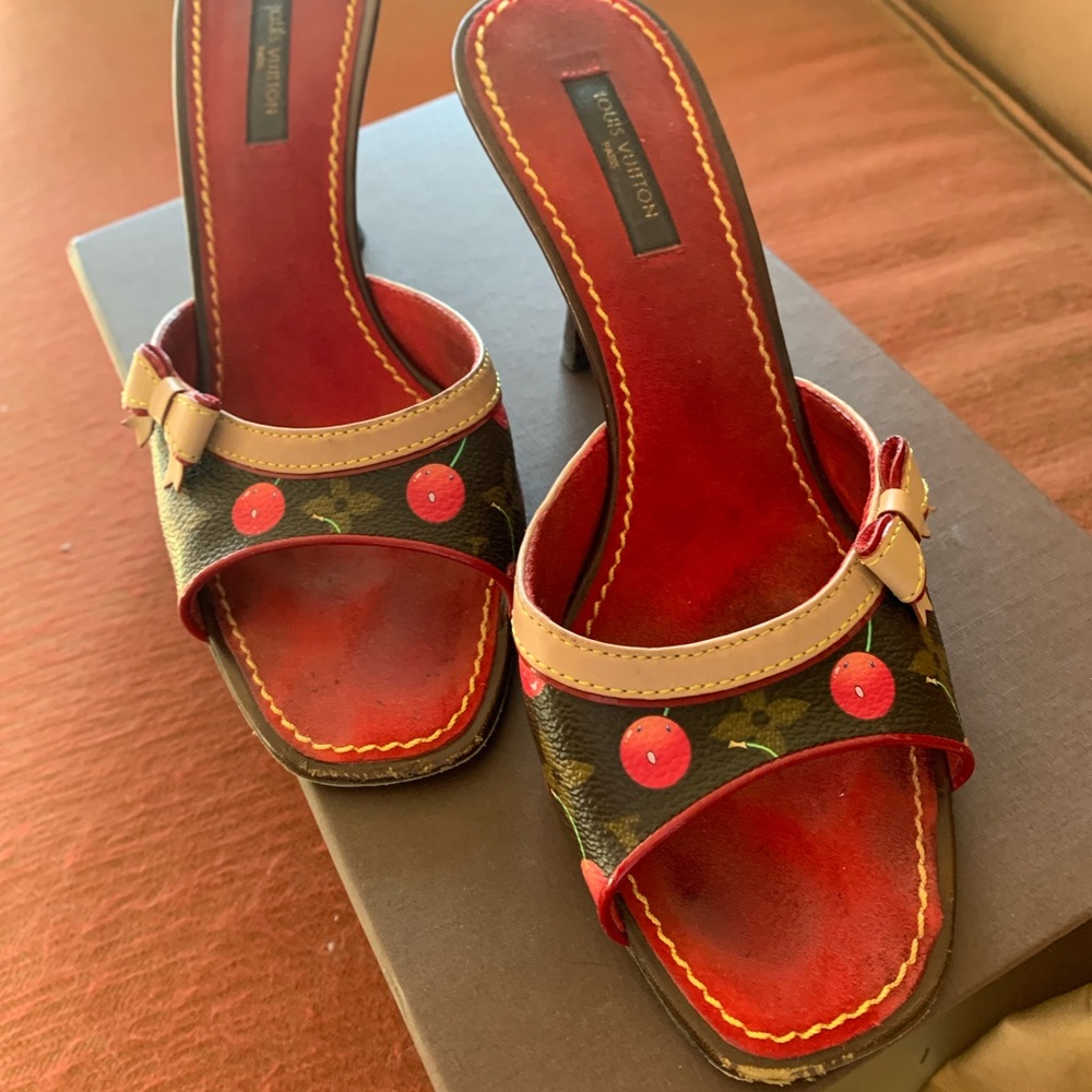 Louis Vuitton cherry print mules.